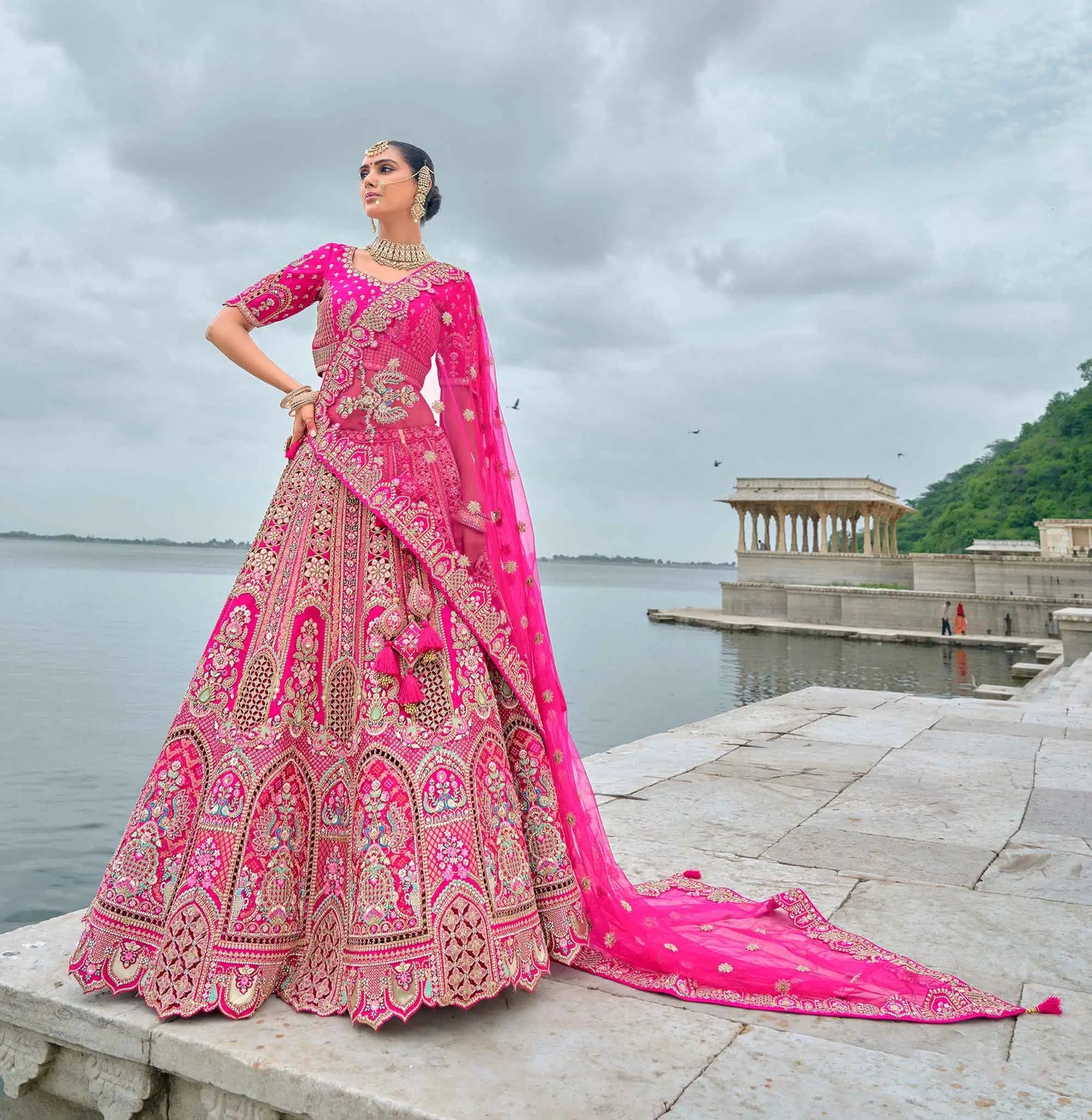 Pink Bridal Lehenga With Khatli, Heavy Embroidery & 2 Dupatta