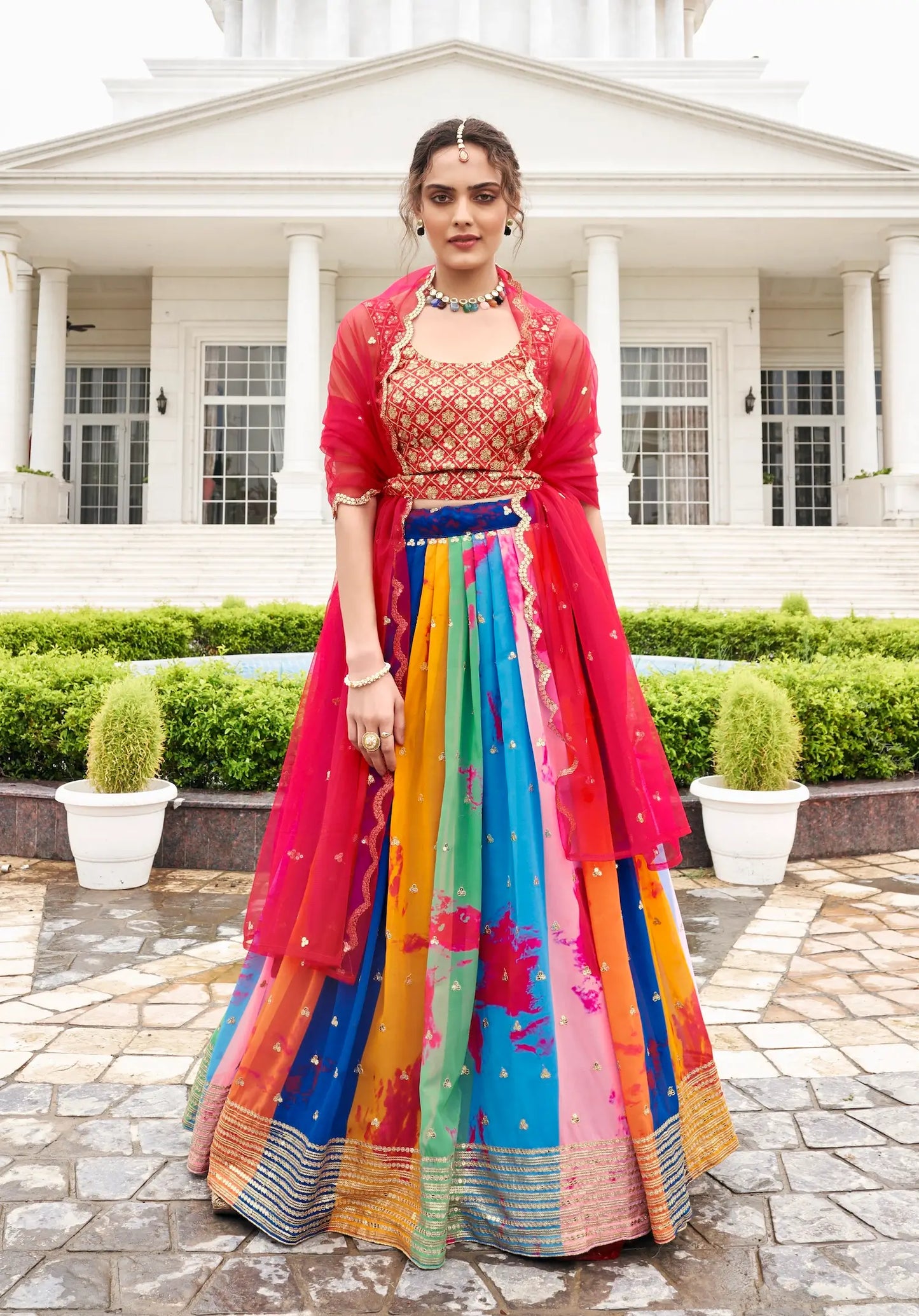 Red-Multicolor Georgette Lehenga Choli With Digital Print & Embroidery Work