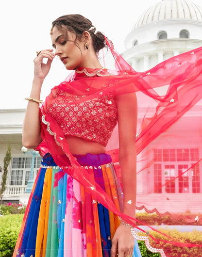 Red-Multicolor Georgette Lehenga Choli With Digital Print & Embroidery Work