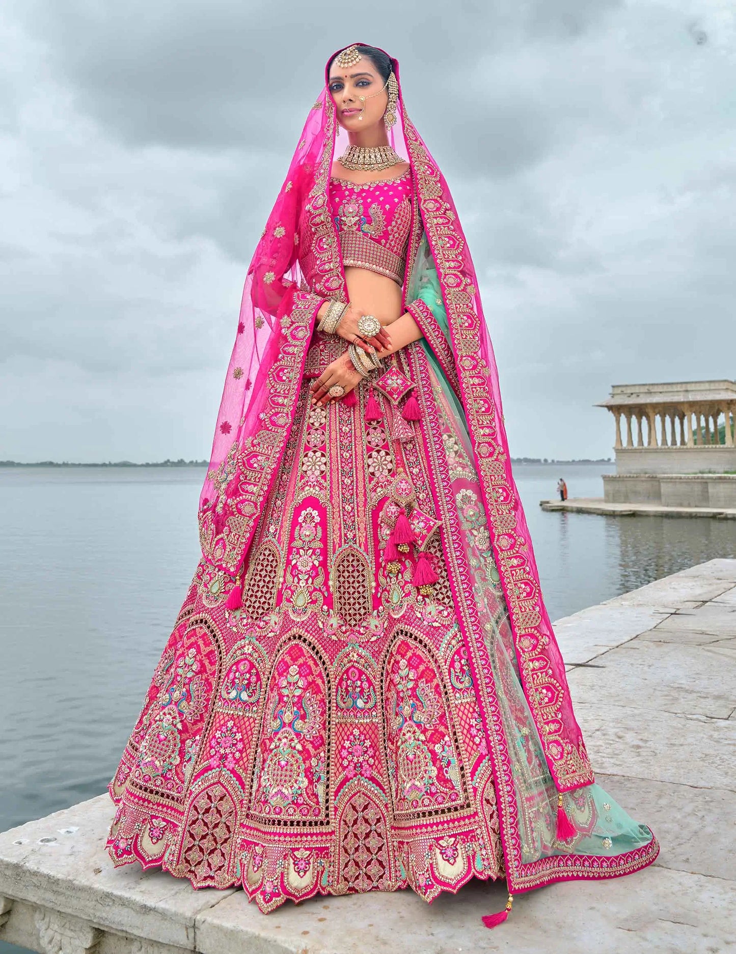 Pink Bridal Lehenga With Khatli, Heavy Embroidery & 2 Dupatta