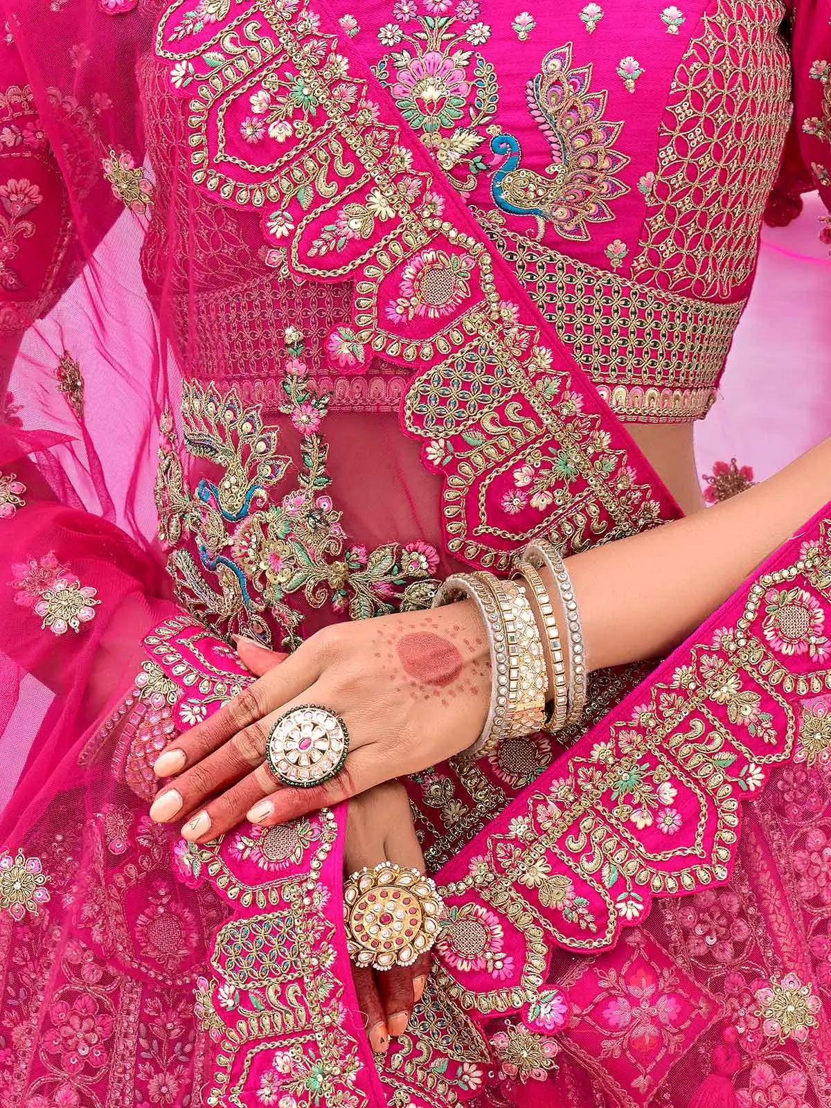 Pink Bridal Lehenga With Khatli, Heavy Embroidery & 2 Dupatta