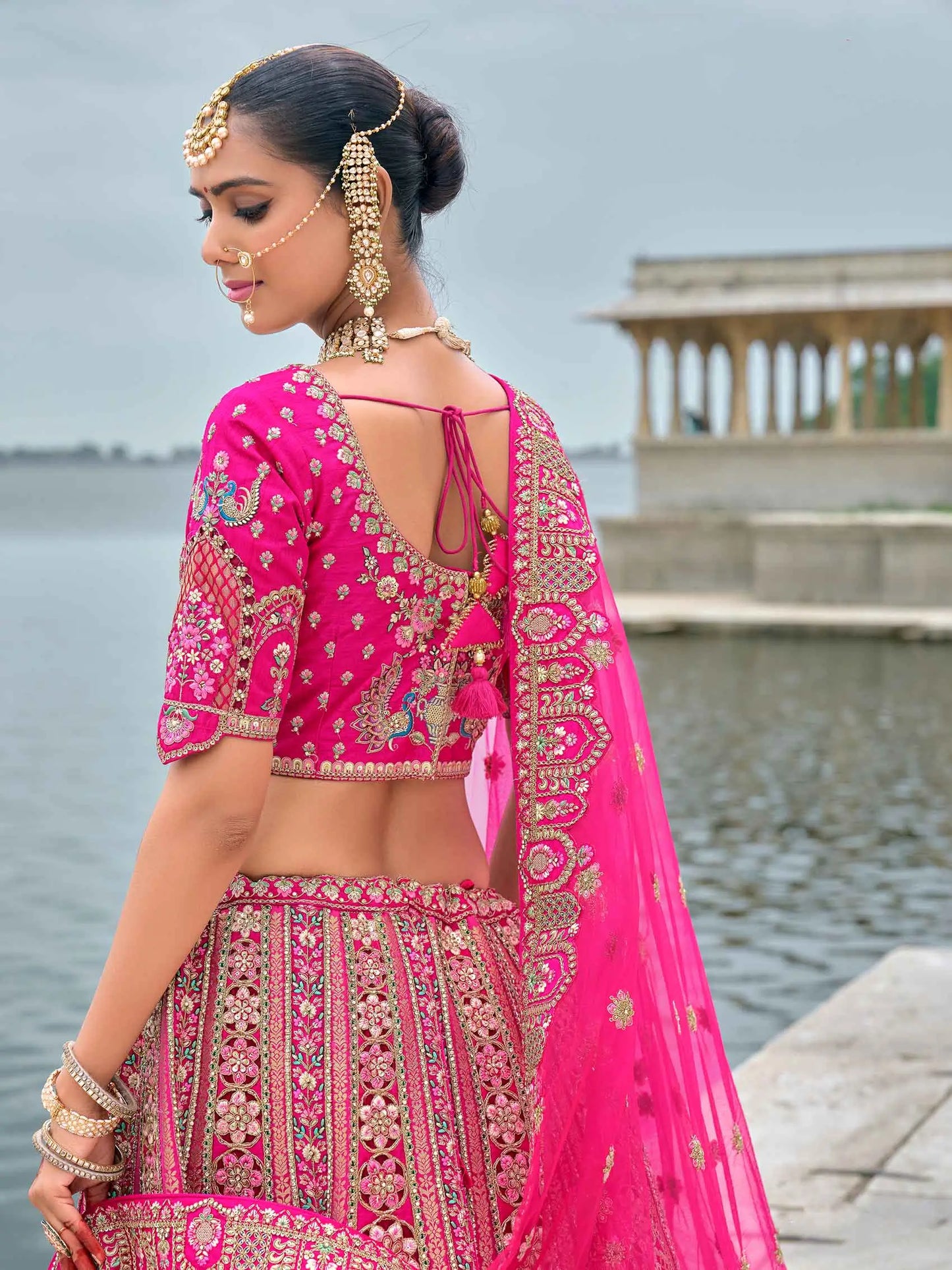 Pink Bridal Lehenga With Khatli, Heavy Embroidery & 2 Dupatta