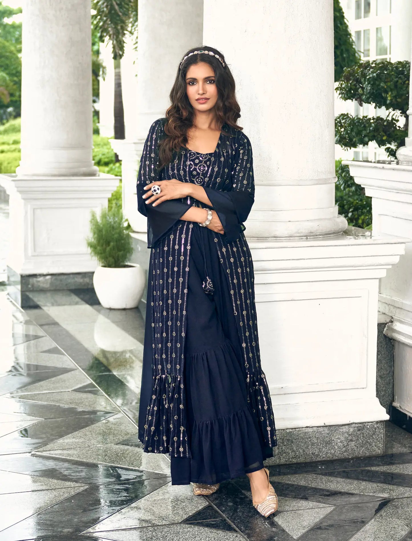 Navy Blue Georgette Indo western Set With Thread & Sequence Embroidery Work