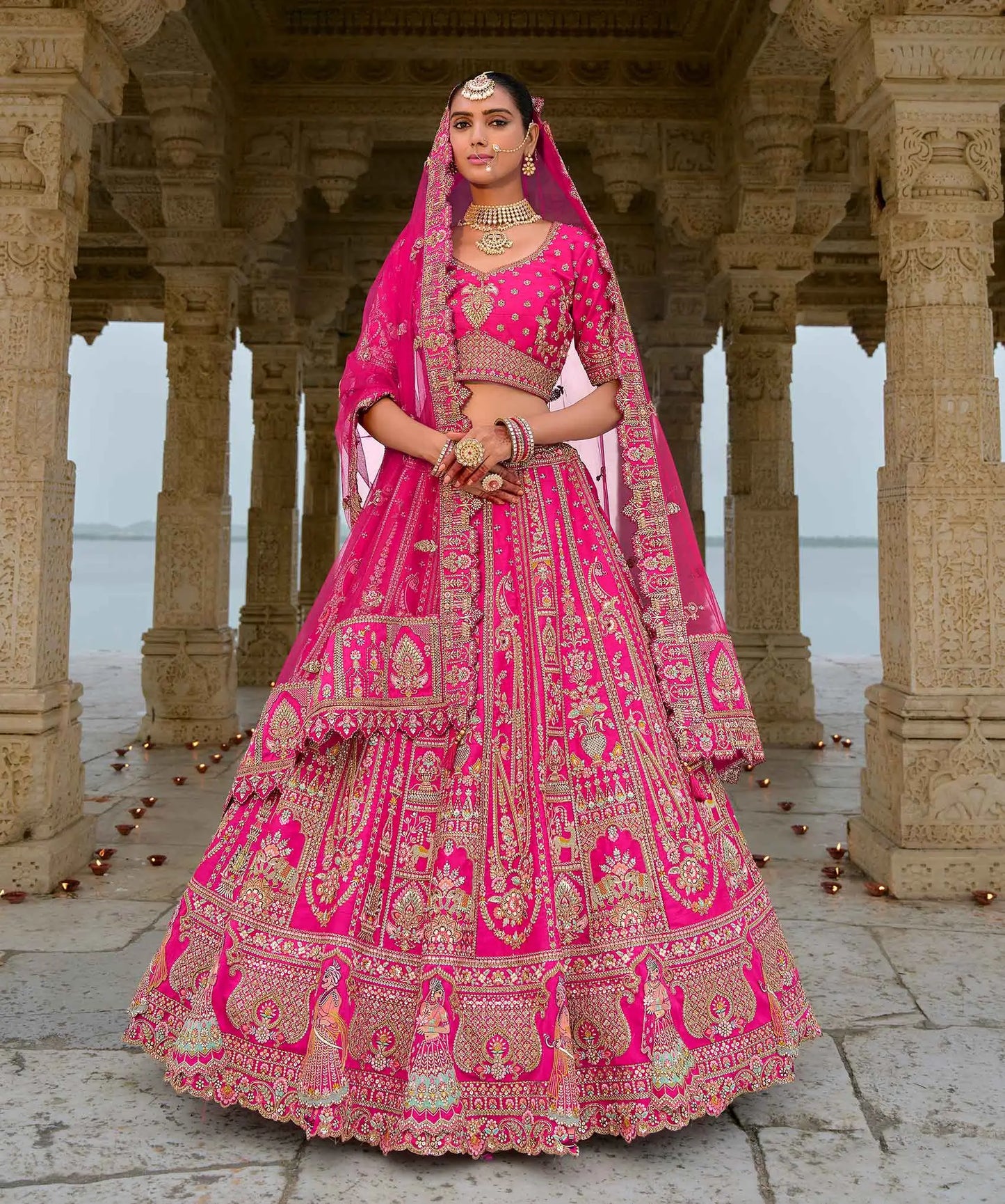 Designer Pink Bridal Lehenga With Heavy Embroidery & 2 Dupatta
