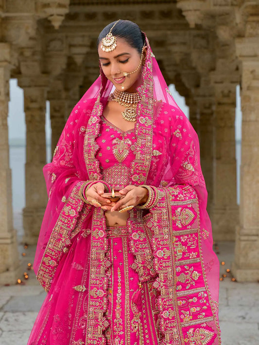 Designer Pink Bridal Lehenga With Heavy Embroidery & 2 Dupatta