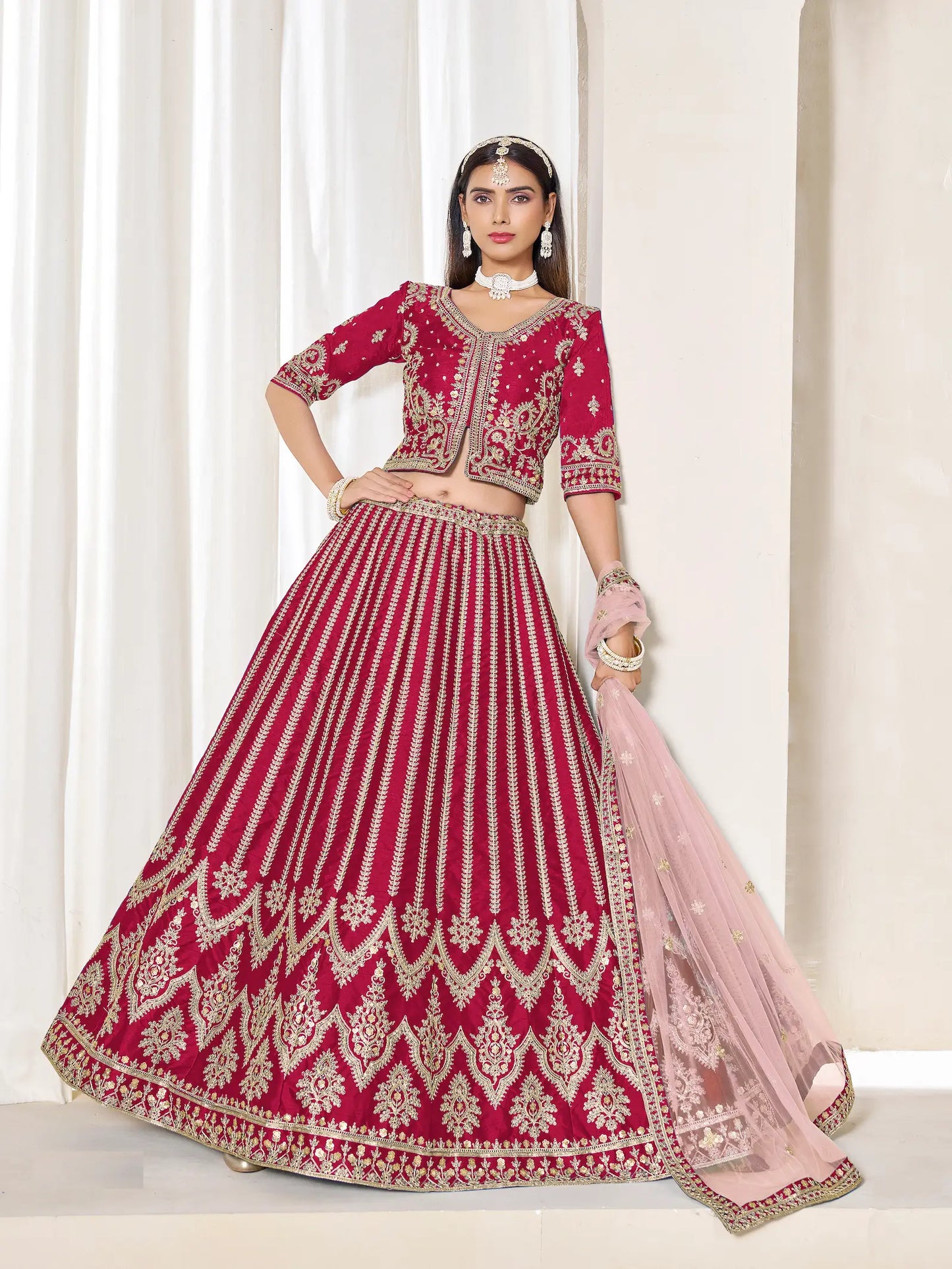 Red Art Silk Thread & Sequins Embroidery Lehenga Choli