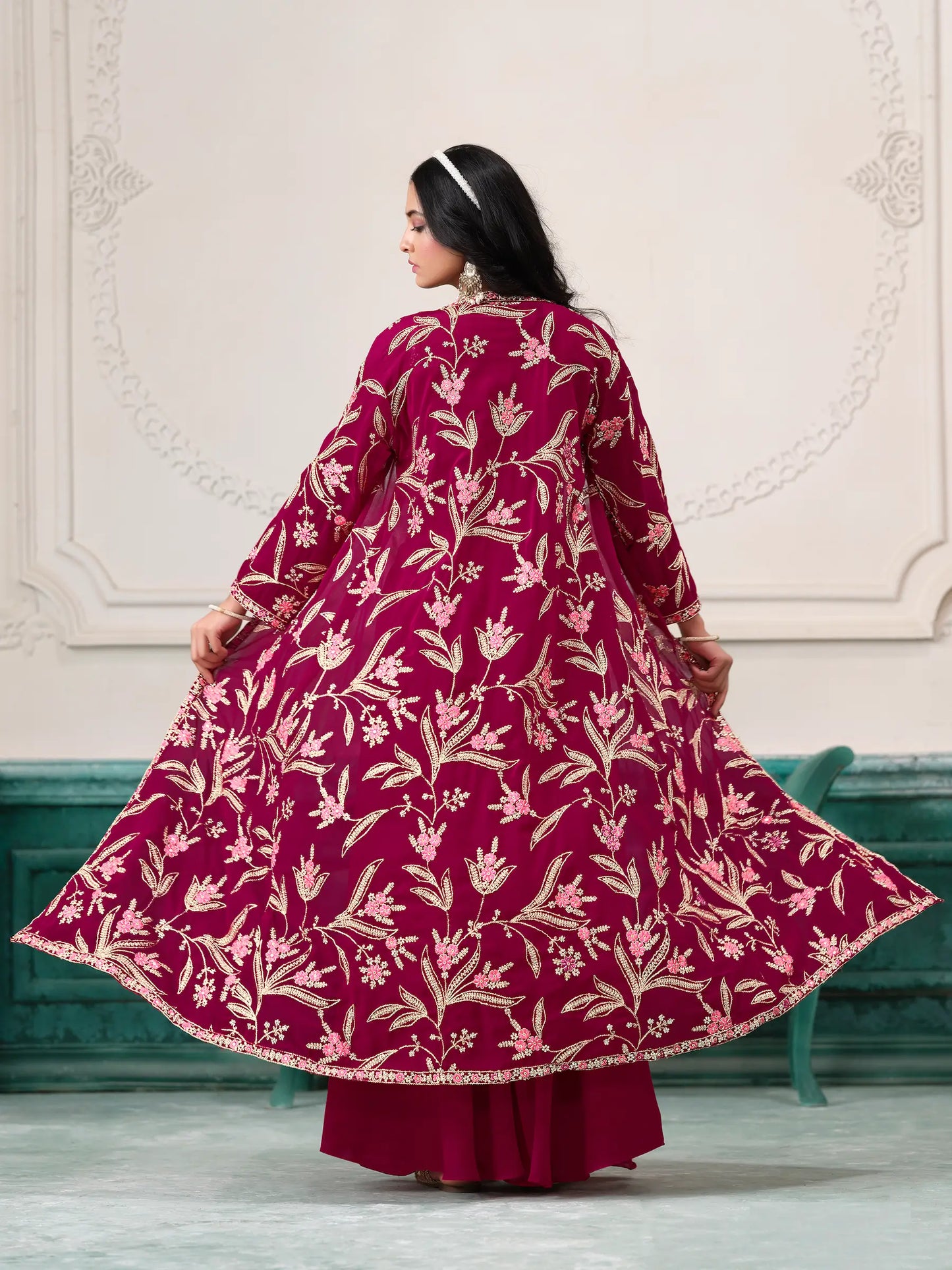 Pink Georgette Indo Western Set With Thread & Sequins Embroidery Work