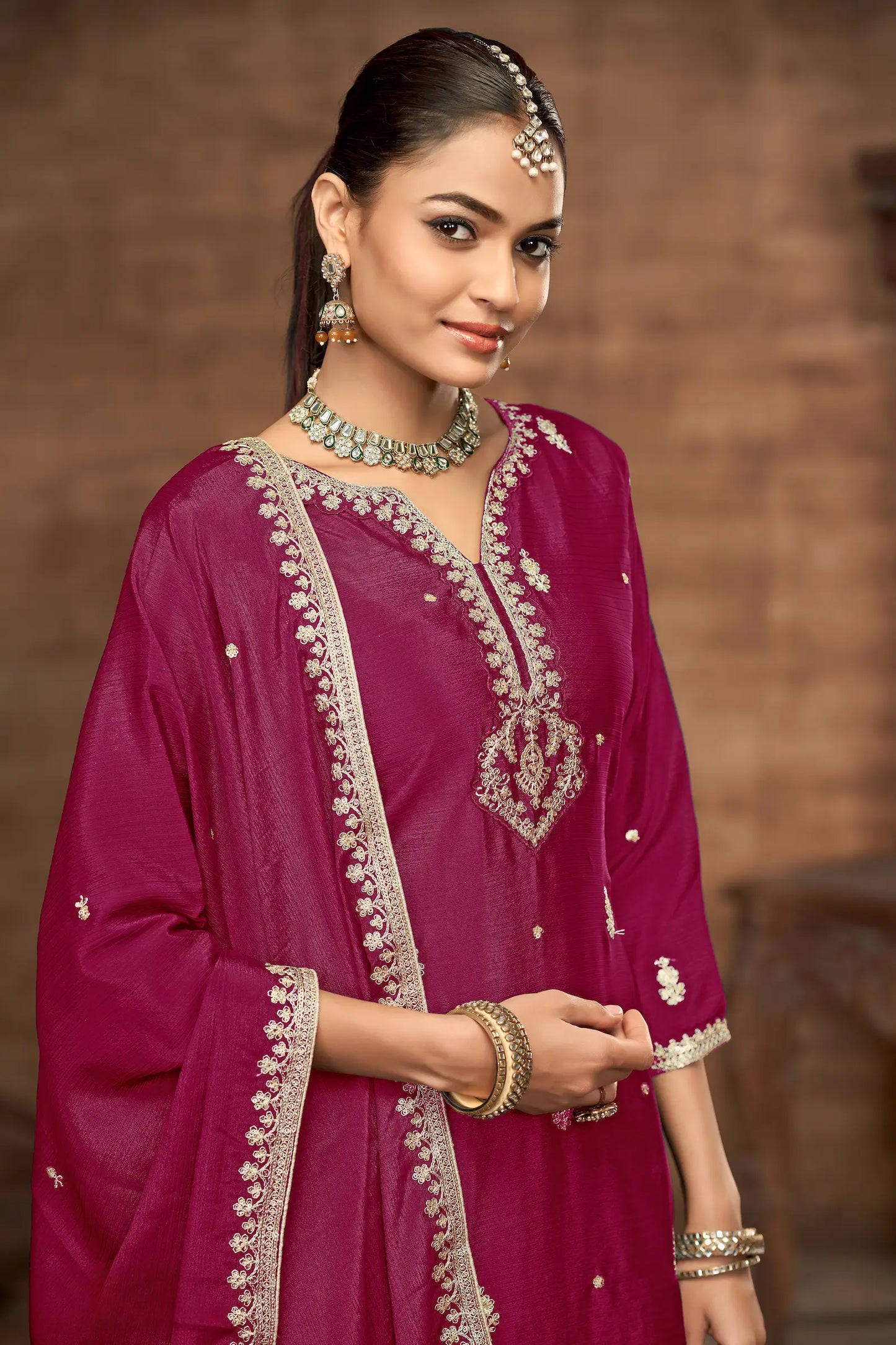 Dark Pink Chinon Palazzo Salwar Suit With Thread & Sequins Embroidery Work