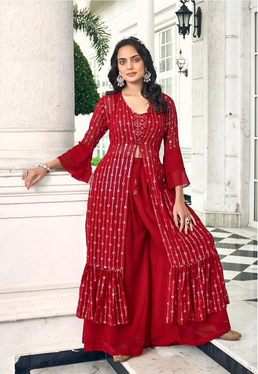 Red Georgette Indo western Set With Thread & Sequence Embroidery Work