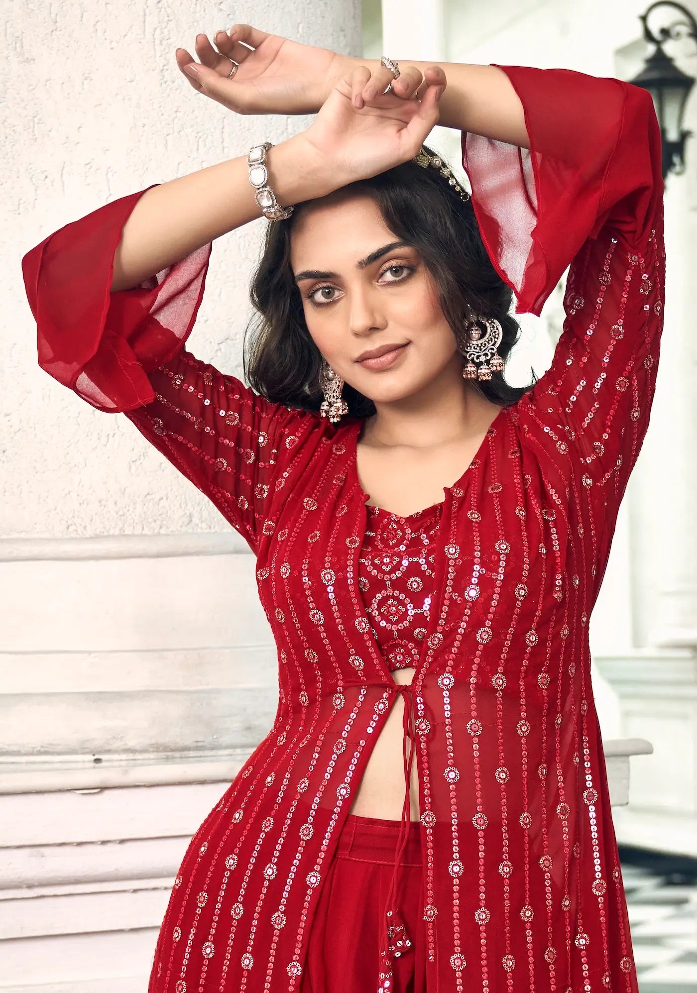 Red Georgette Indo western Set With Thread & Sequence Embroidery Work