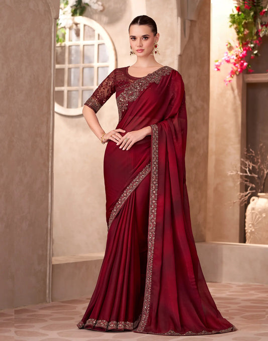 Cherry Red Shaded Chiffon Embroidery Work Saree