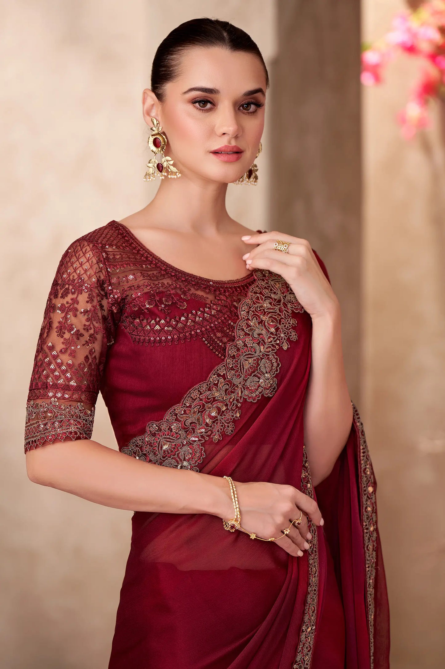Cherry Red Shaded Chiffon Embroidery Work Saree