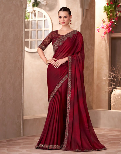 Cherry Red Shaded Chiffon Embroidery Work Saree