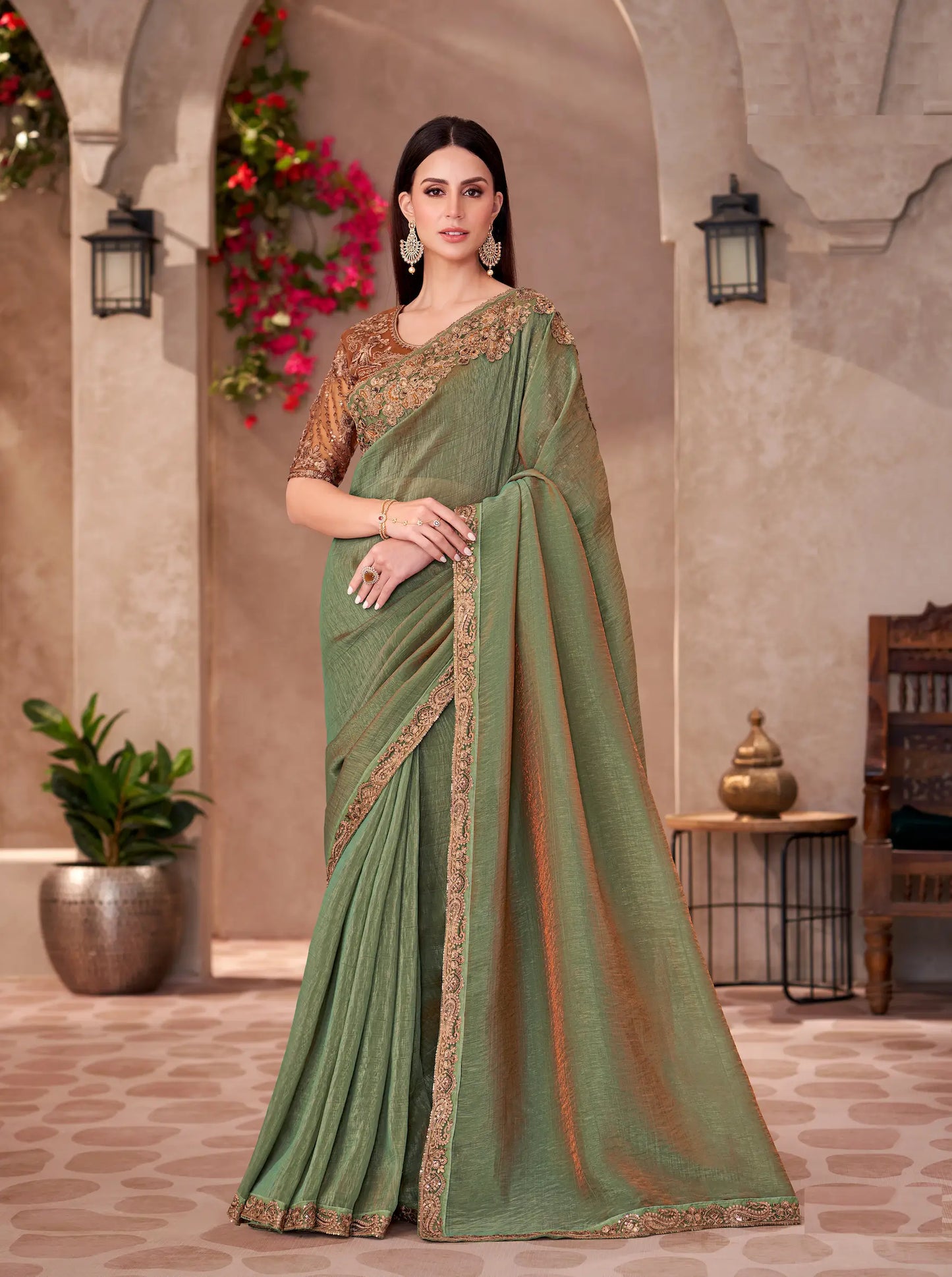 Sage Green Shine Georgette Embroidery Work Saree