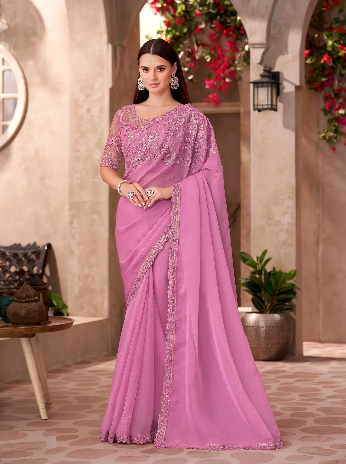 Blush Pink Chiffon Silk Embroidery Work Saree