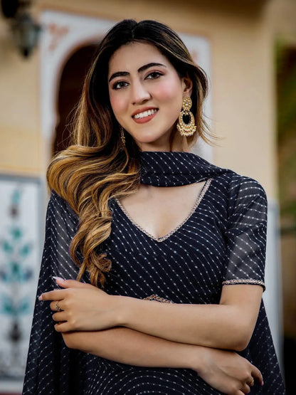 Black Georgette Leheriya Print Lehenga With Zari And Cording Lace Work