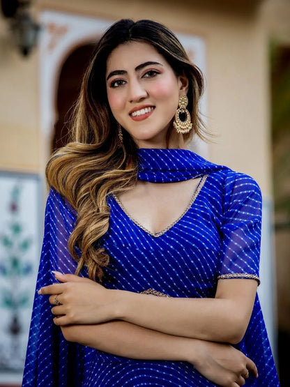 Blue Georgette Leheriya Print Lehenga With Zari And Cording Lace Work