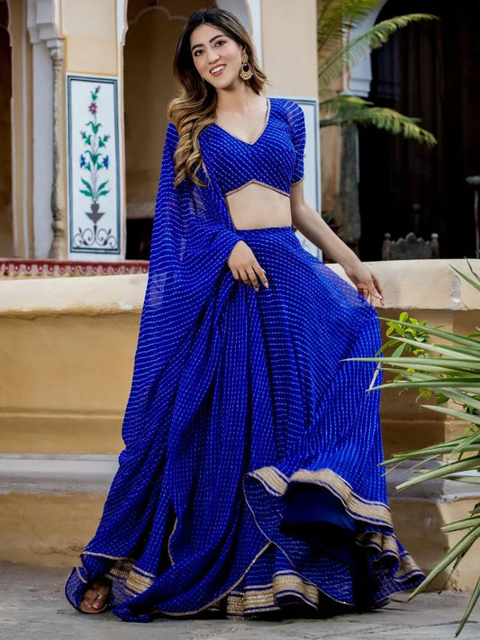 Blue Georgette Leheriya Print Lehenga With Zari And Cording Lace Work