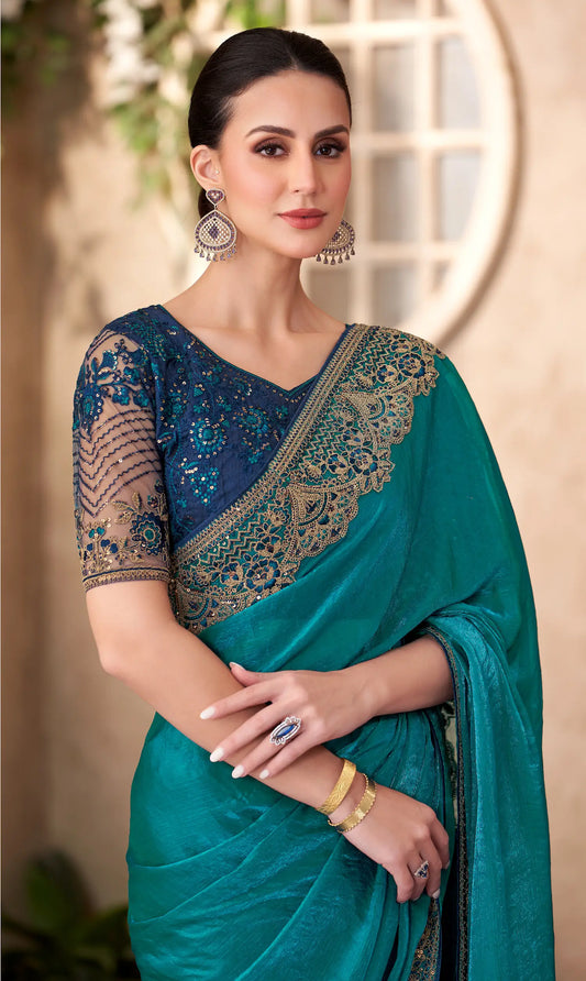 Peacock Blue Satin Georgette Embroidery Work Saree