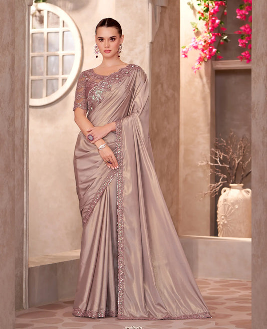 Shiney Beige Shimmer Crepe Embroidery Work Saree