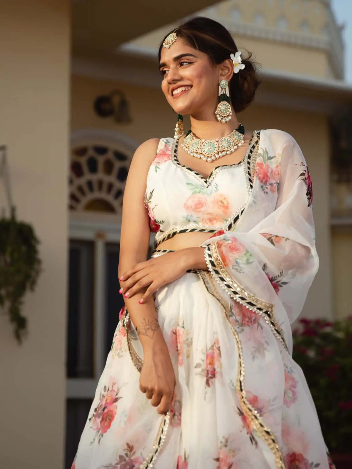 White Organza Lehenga With Floral Digital Print And Embroidery Work