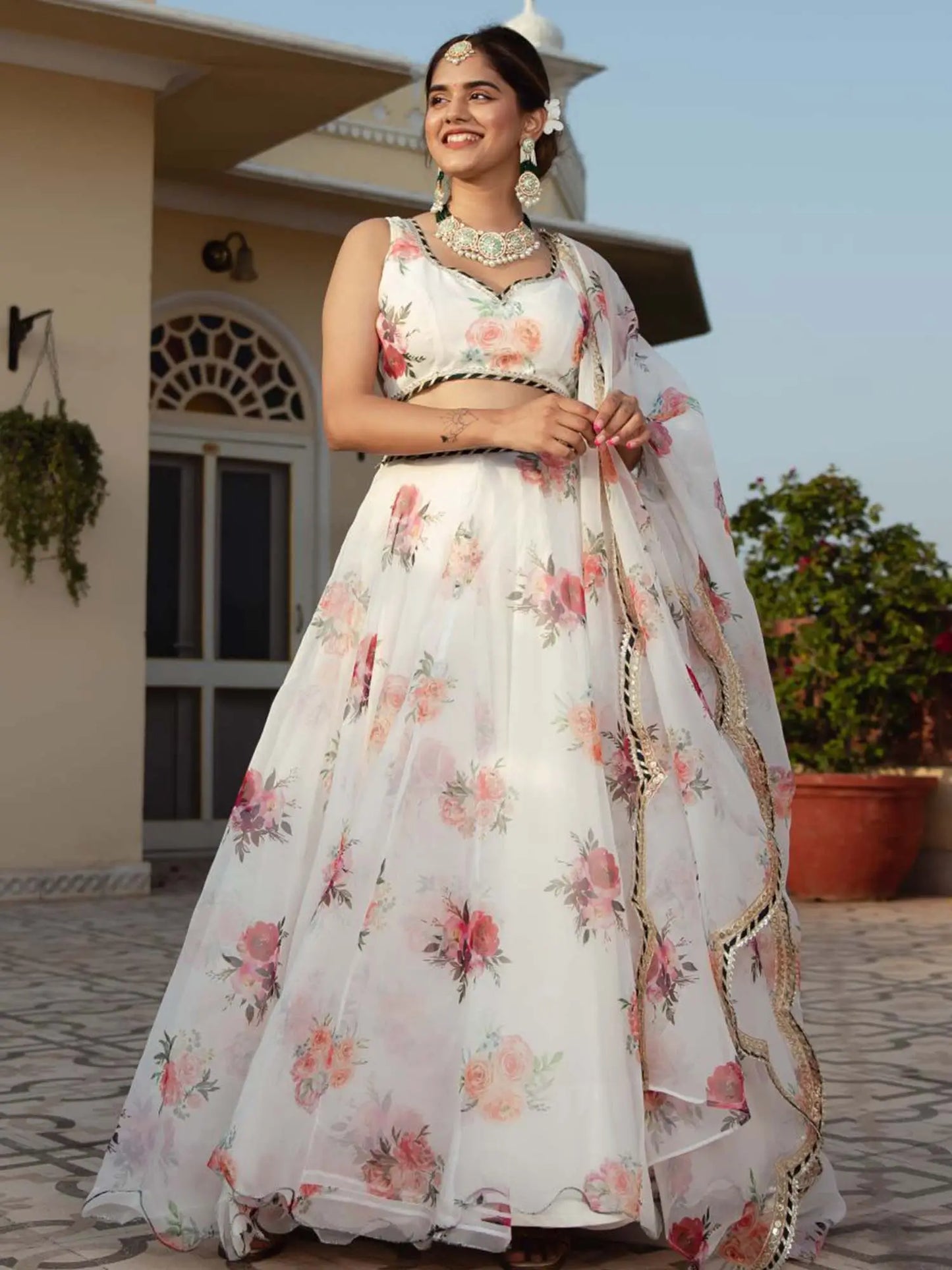 White Organza Lehenga With Floral Digital Print And Embroidery Work