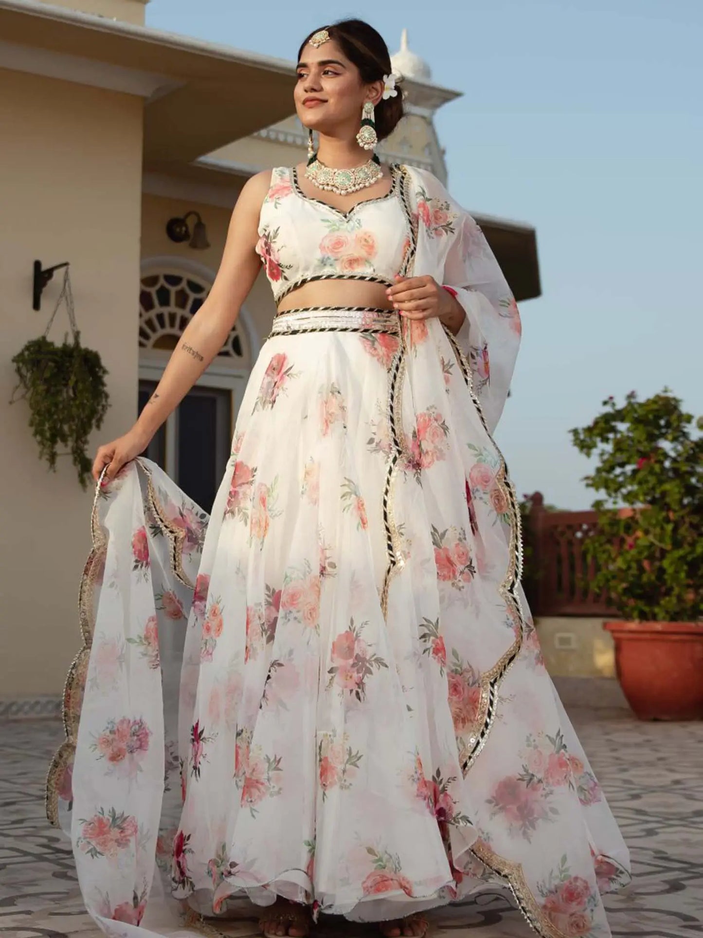 White Organza Lehenga With Floral Digital Print And Embroidery Work