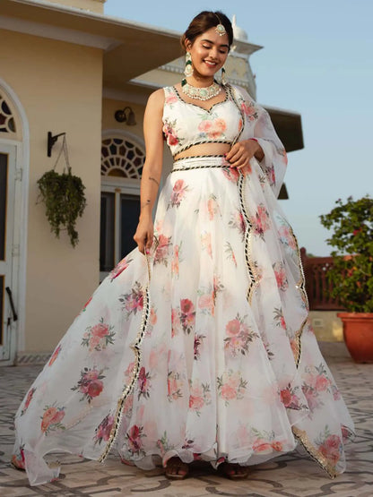 White Organza Lehenga With Floral Digital Print And Embroidery Work
