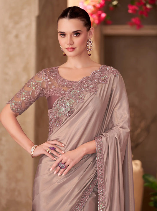 Shiney Beige Shimmer Crepe Embroidery Work Saree