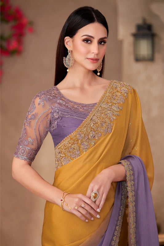 Honey Yellow-Lilac Shaded Chiffon Embroidery Work Saree