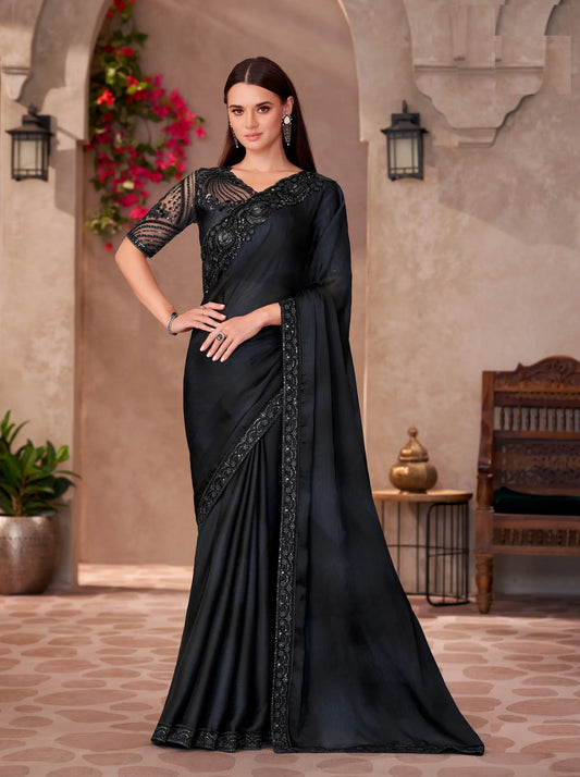 Blue-Grey Shaded Chiffon Embroidery Work Saree