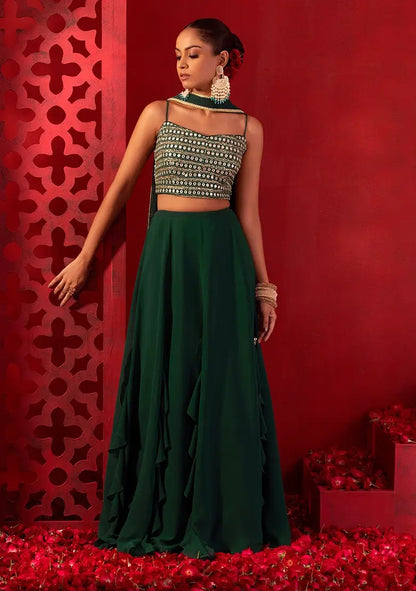Green Georgette Fancy Lehenga With Multiple Sequins Work