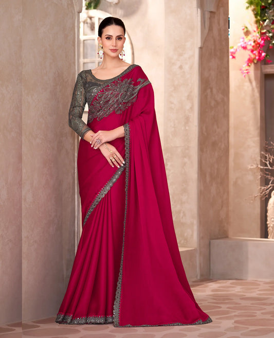 Rose Red Chiffon Embroidery Work Saree
