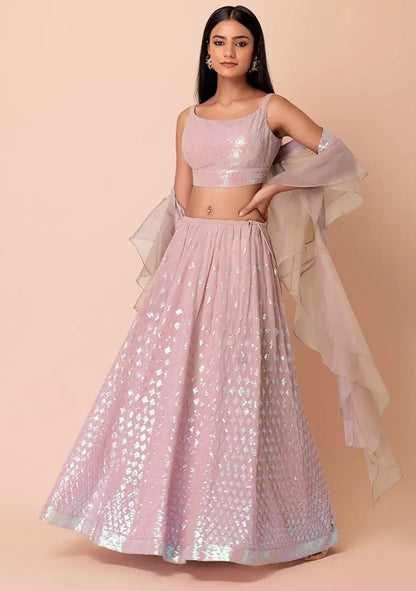 Mauve Pink Party Wear Lehenga With Sequins Work with Ruffle Dupatta