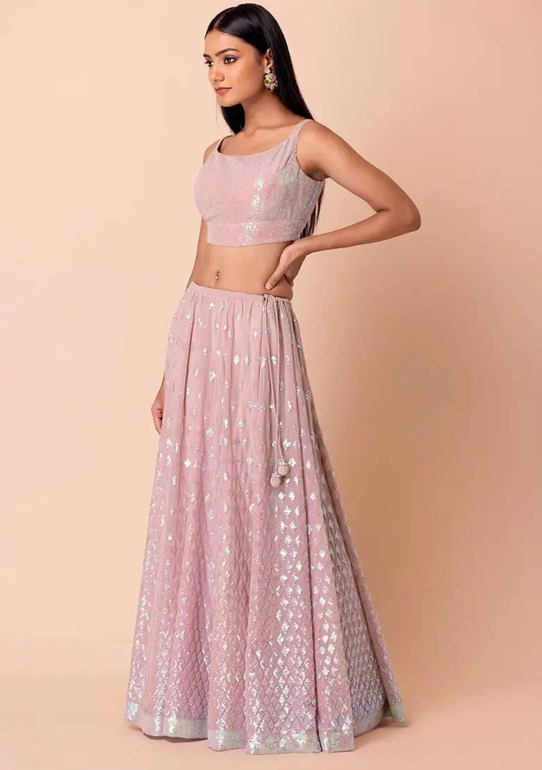 Mauve Pink Party Wear Lehenga With Sequins Work with Ruffle Dupatta