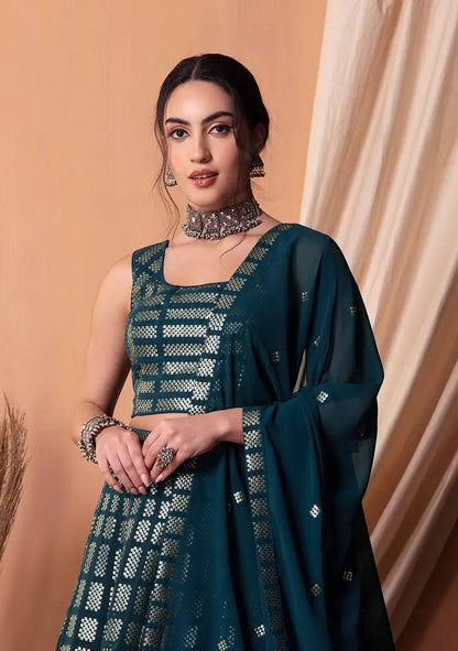 Teal Blue Georgette Sequins And Thread Embroidered Lehenga choli