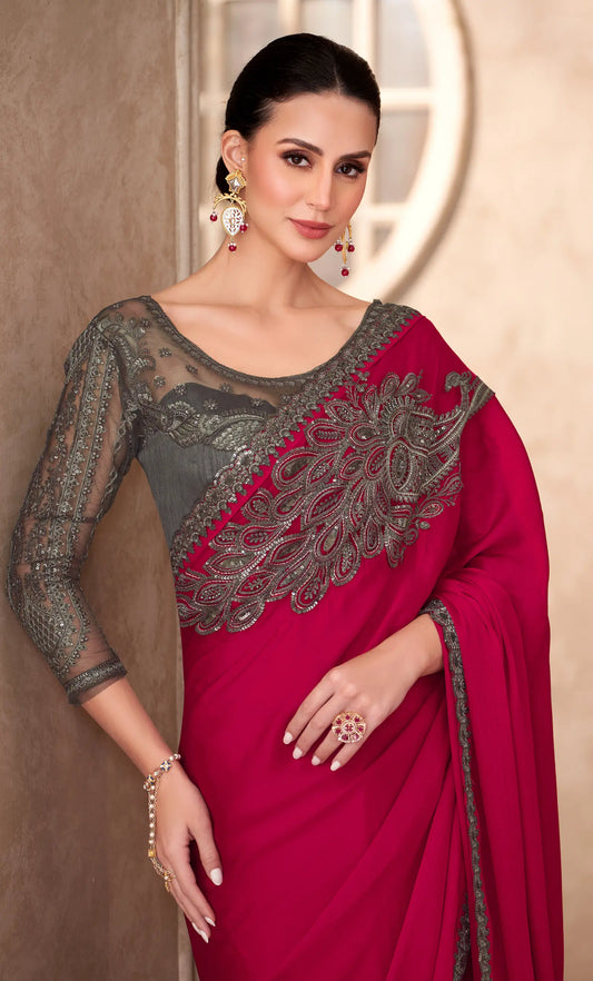 Rose Red Chiffon Embroidery Work Saree