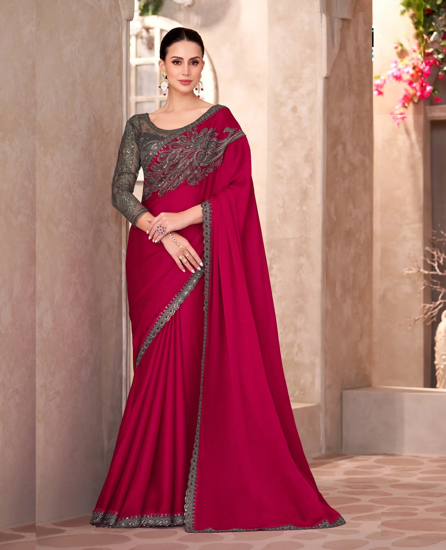 Rose Red Chiffon Embroidery Work Saree