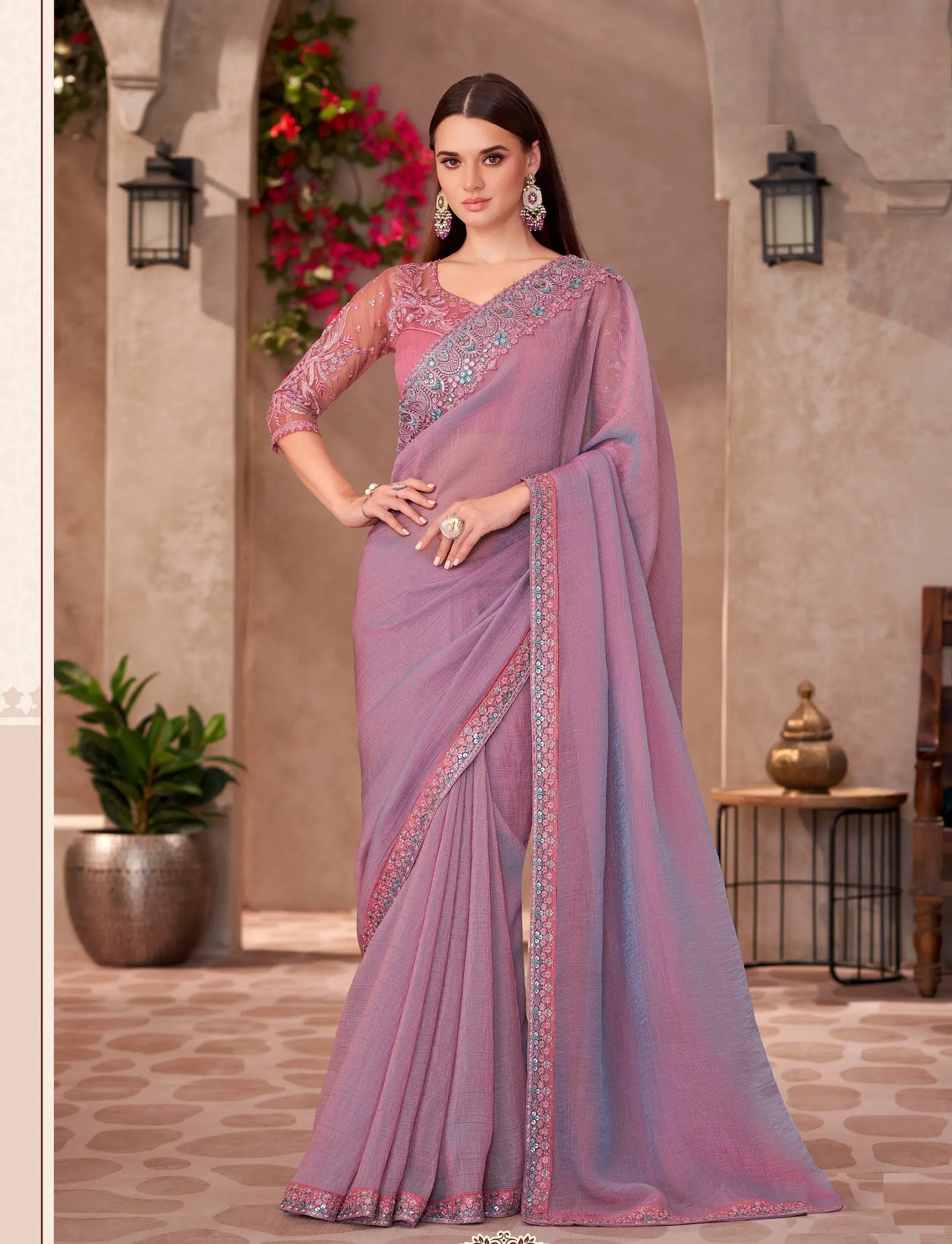 Lavender Pink Shiney Georgette Embroidery Work Saree