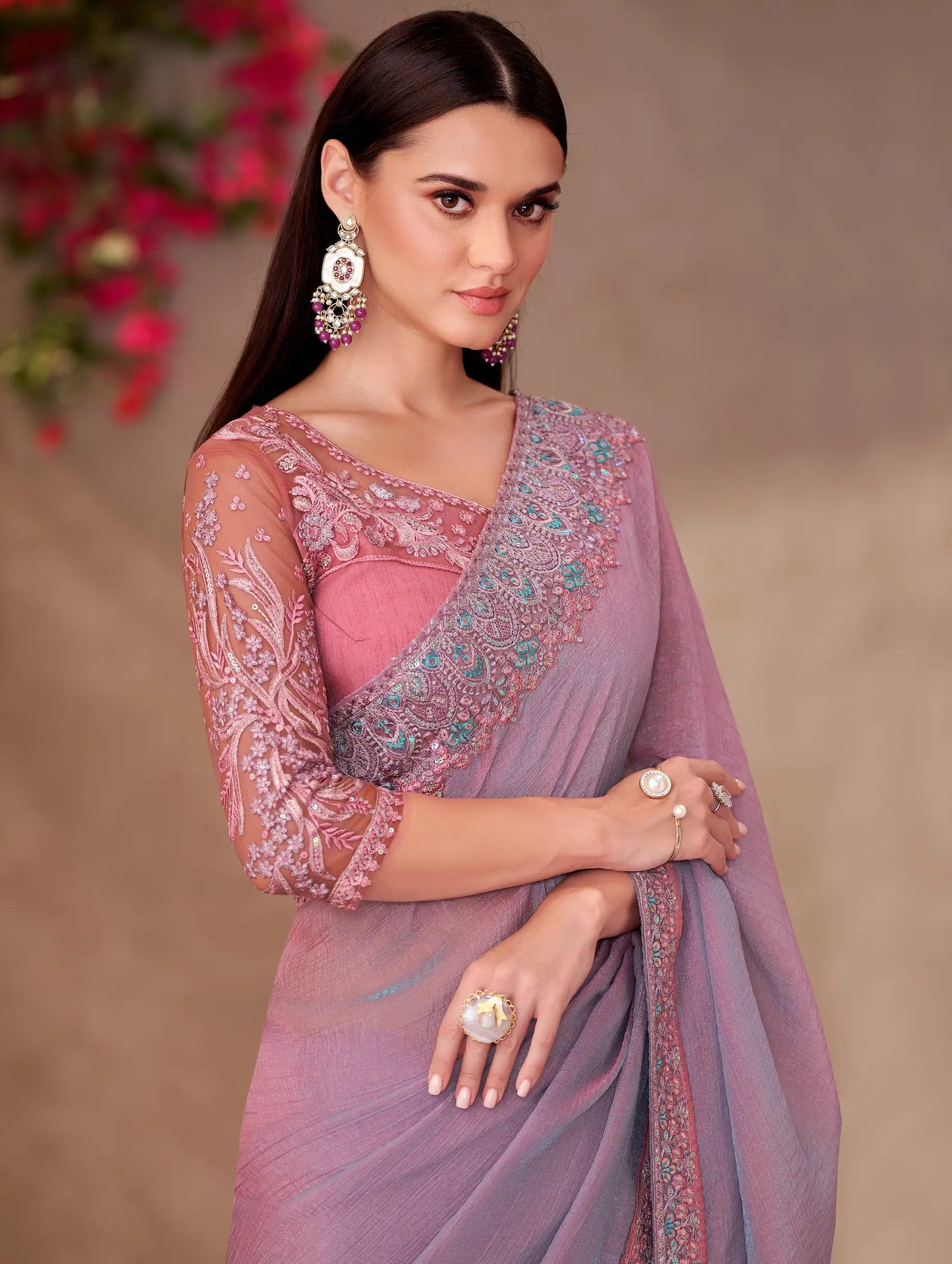 Lavender Pink Shiney Georgette Embroidery Work Saree