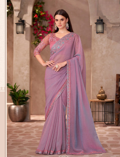 Lavender Pink Shiney Georgette Embroidery Work Saree