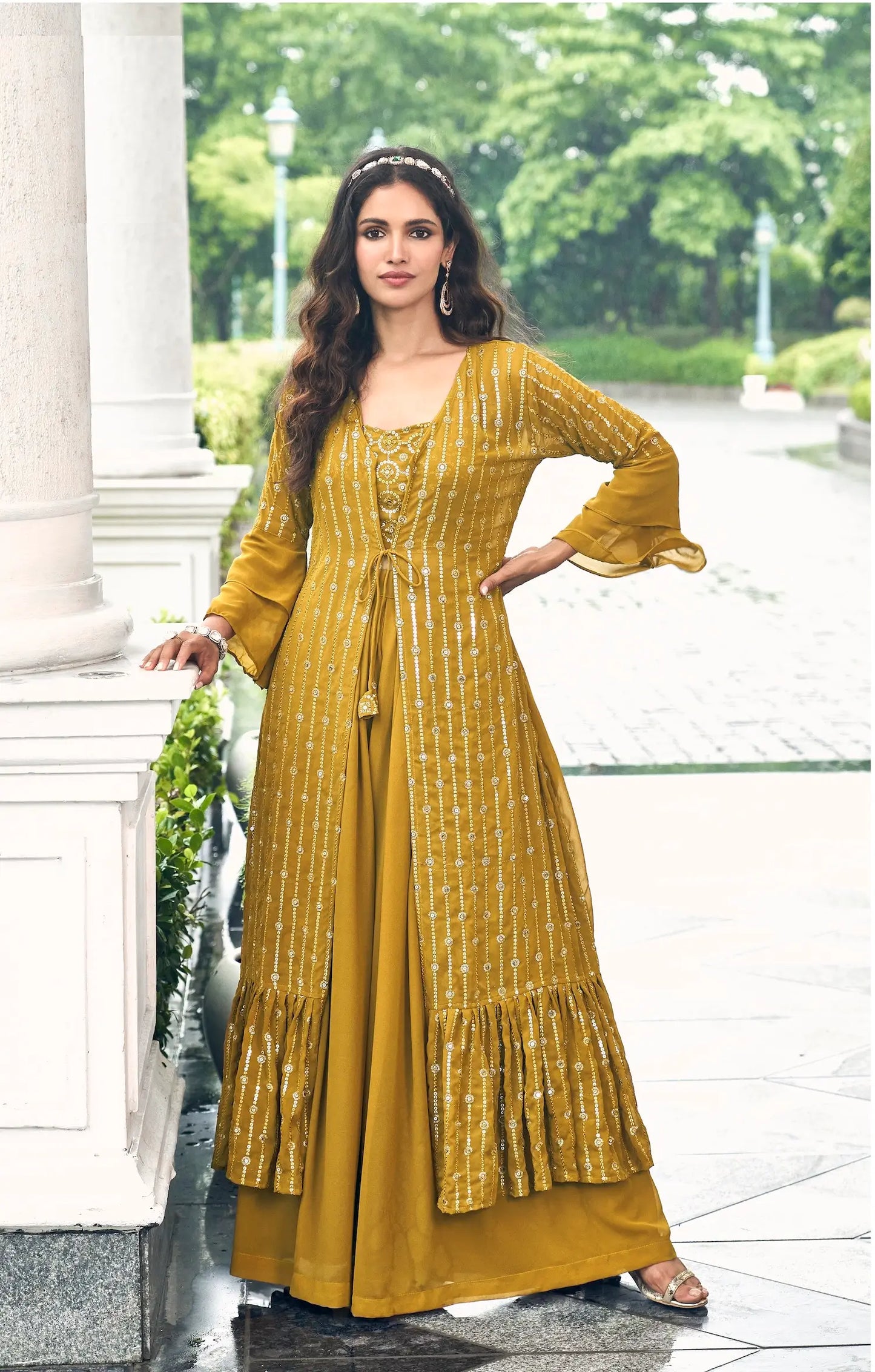 Yellow Georgette Indo western Set With Thread & Sequence Embroidery Work