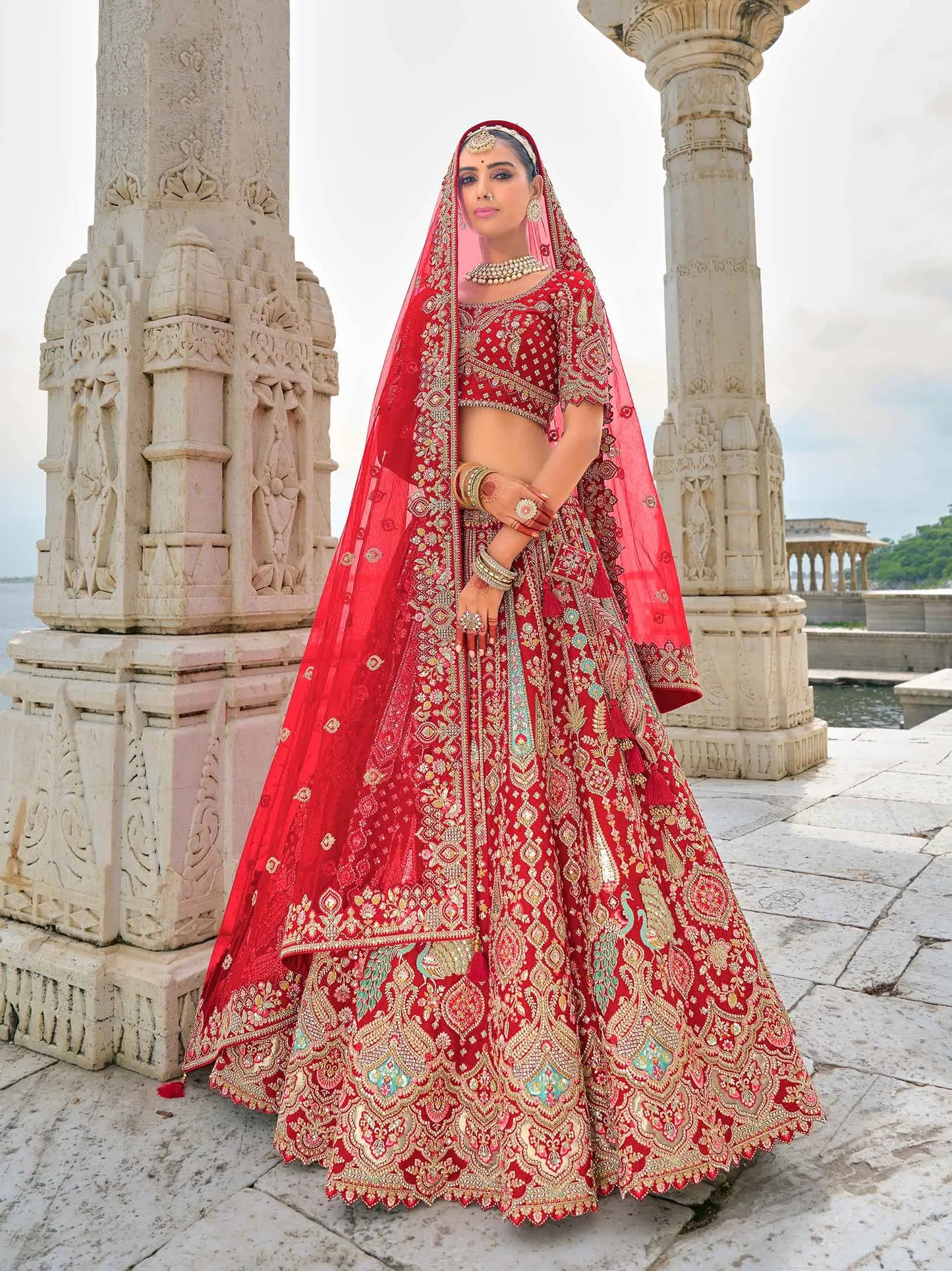 Designer Red Bridal Lehenga With Heavy Embroidery & 2 Dupatta