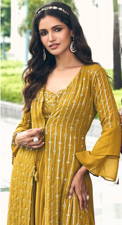 Yellow Georgette Indo western Set With Thread & Sequence Embroidery Work