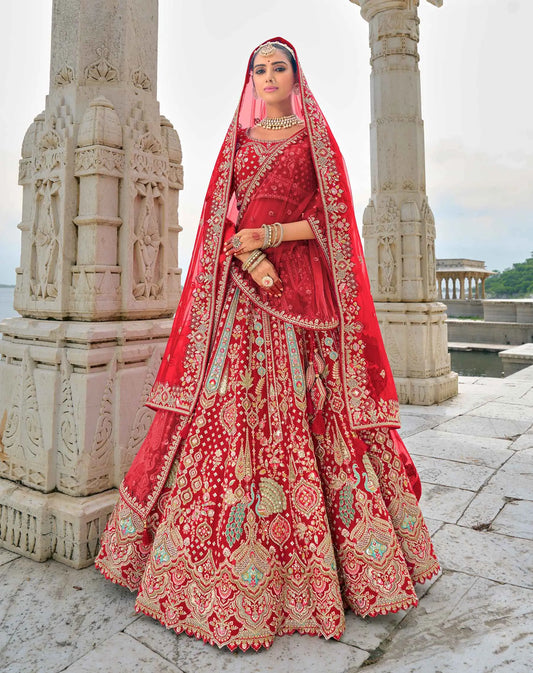 Designer Red Bridal Lehenga With Heavy Embroidery & 2 Dupatta