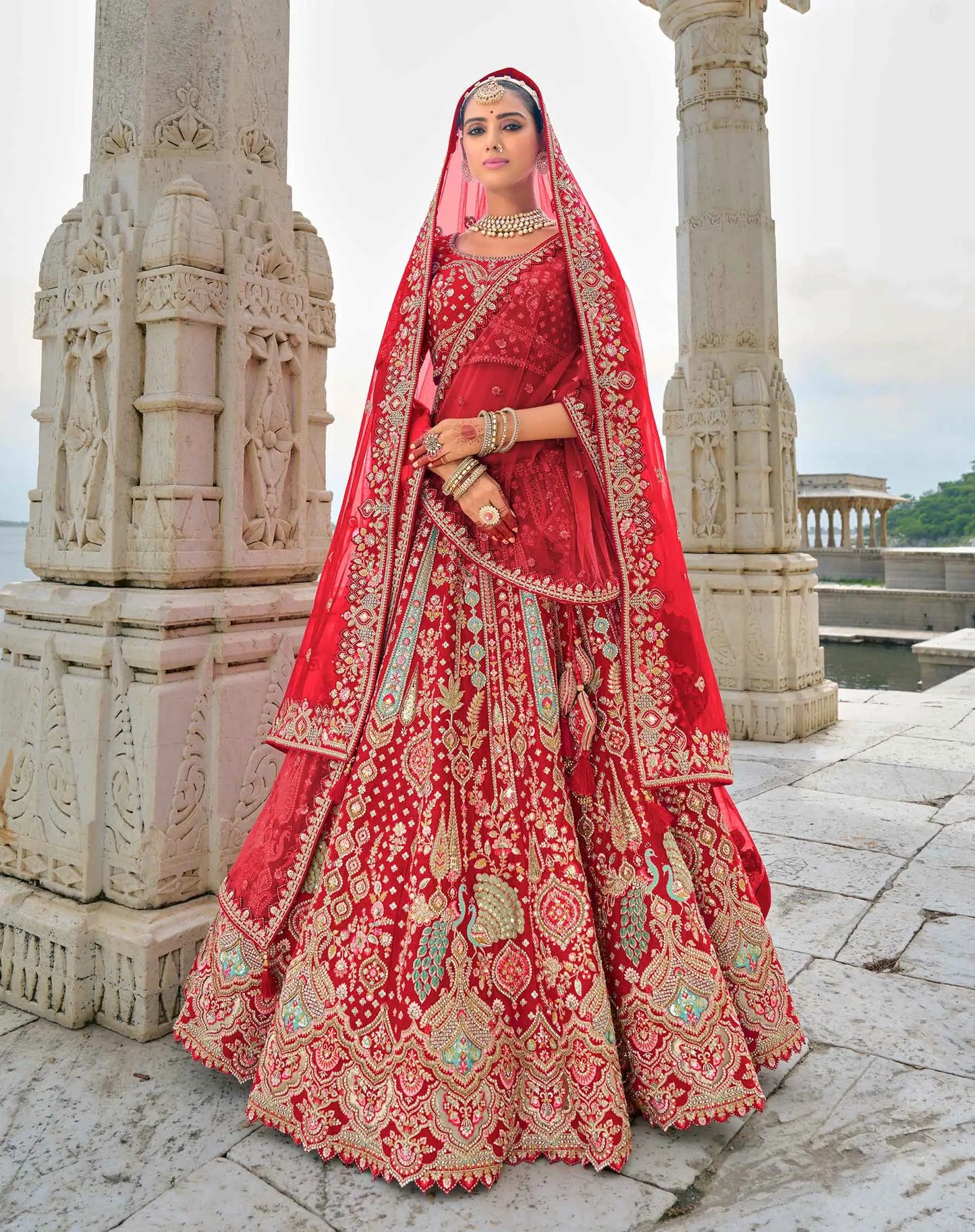 Designer Red Bridal Lehenga With Heavy Embroidery & 2 Dupatta
