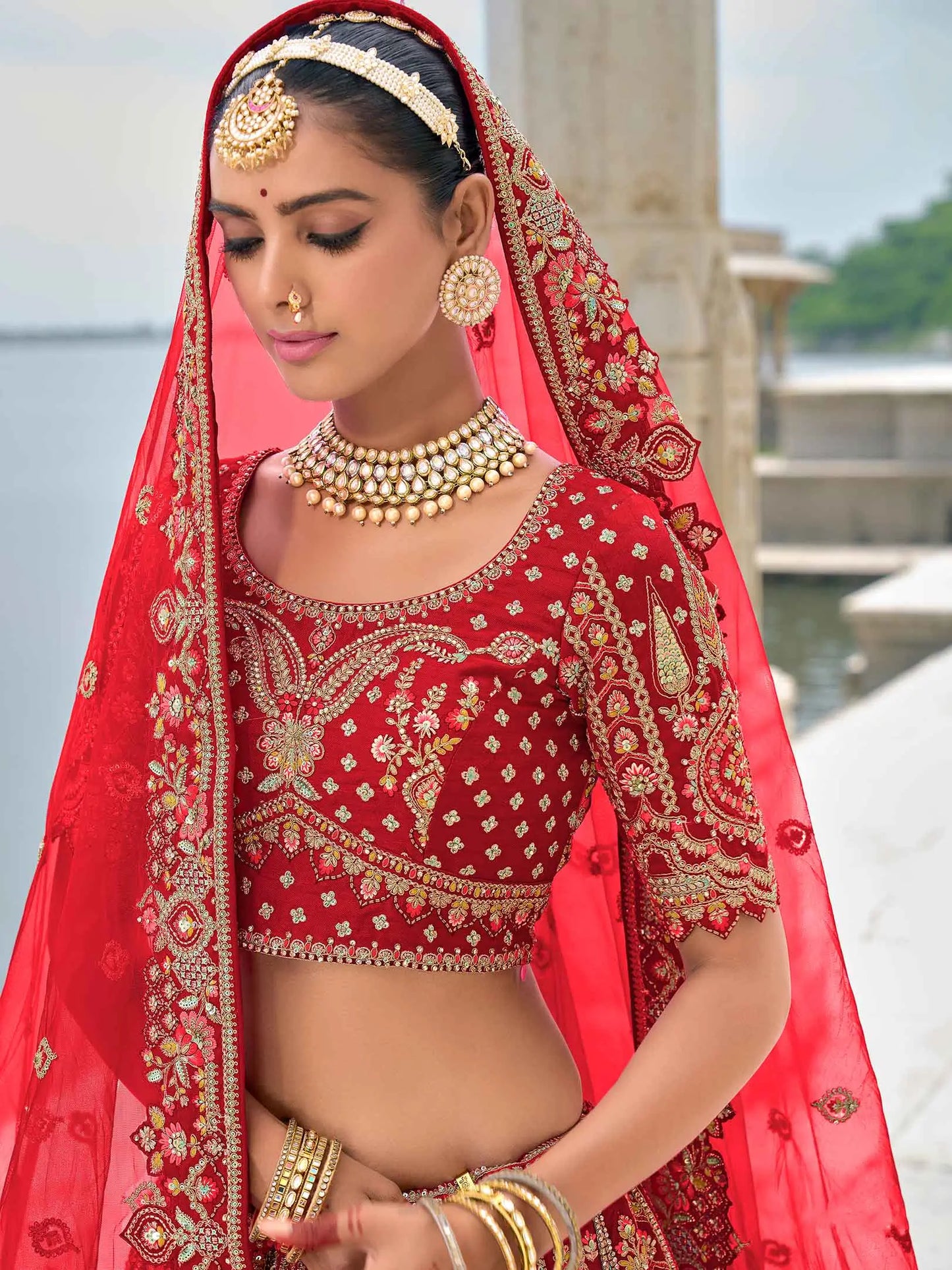 Designer Red Bridal Lehenga With Heavy Embroidery & 2 Dupatta