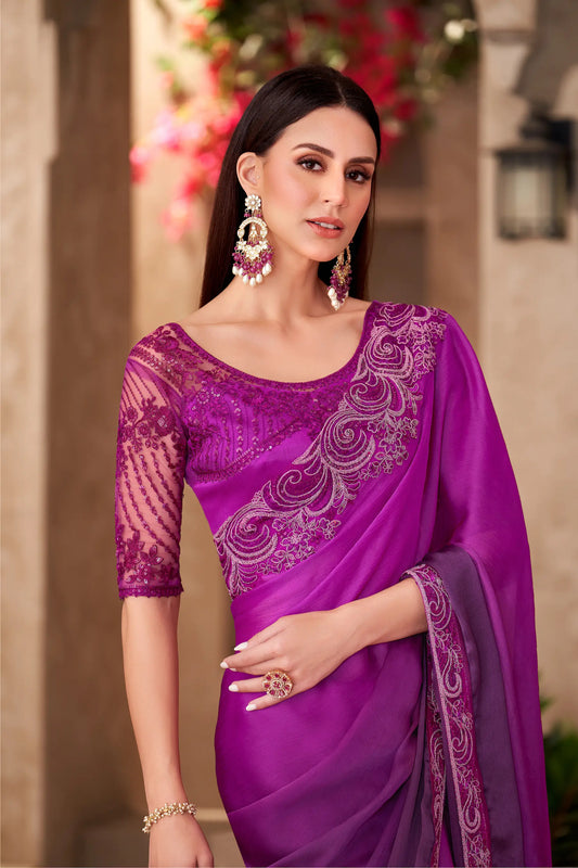 Magenta Pink-Purple Shaded Chiffon Embroidery Work Saree