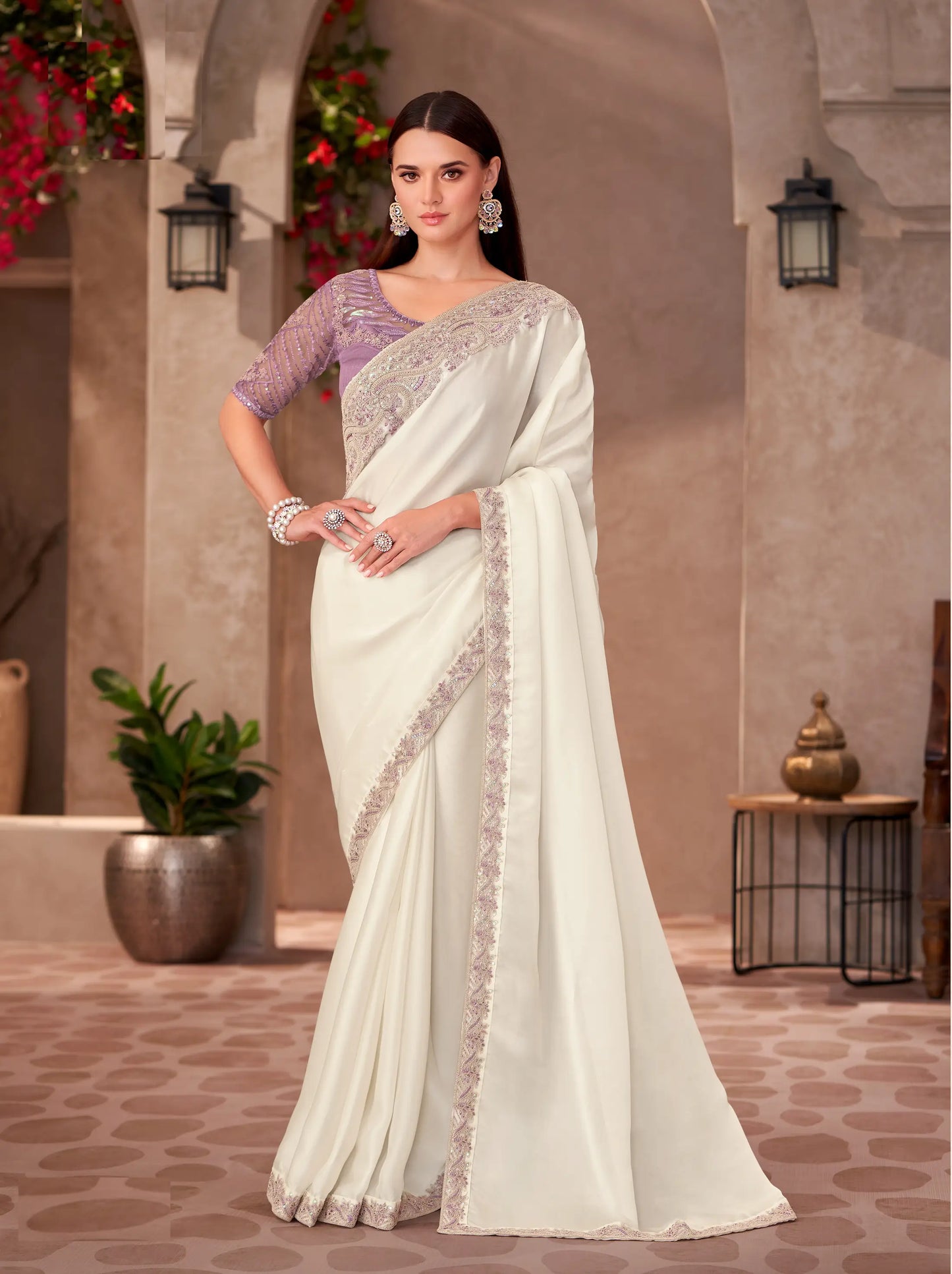 Pearl White Shiney Georgette Embroidery Work Saree