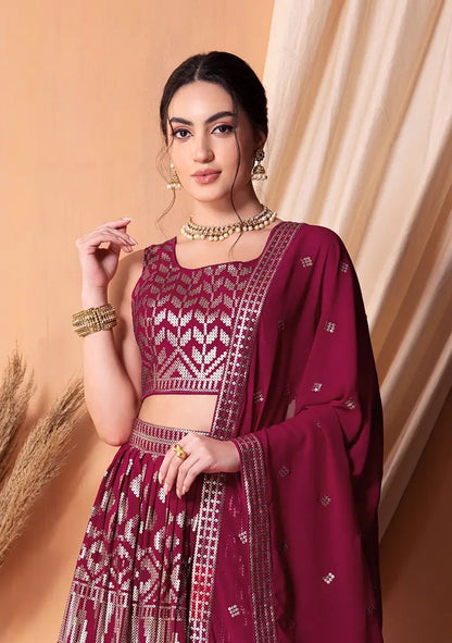 Dark Pink Georgette Lehenga With  Sequins And Thread Embroidery Work